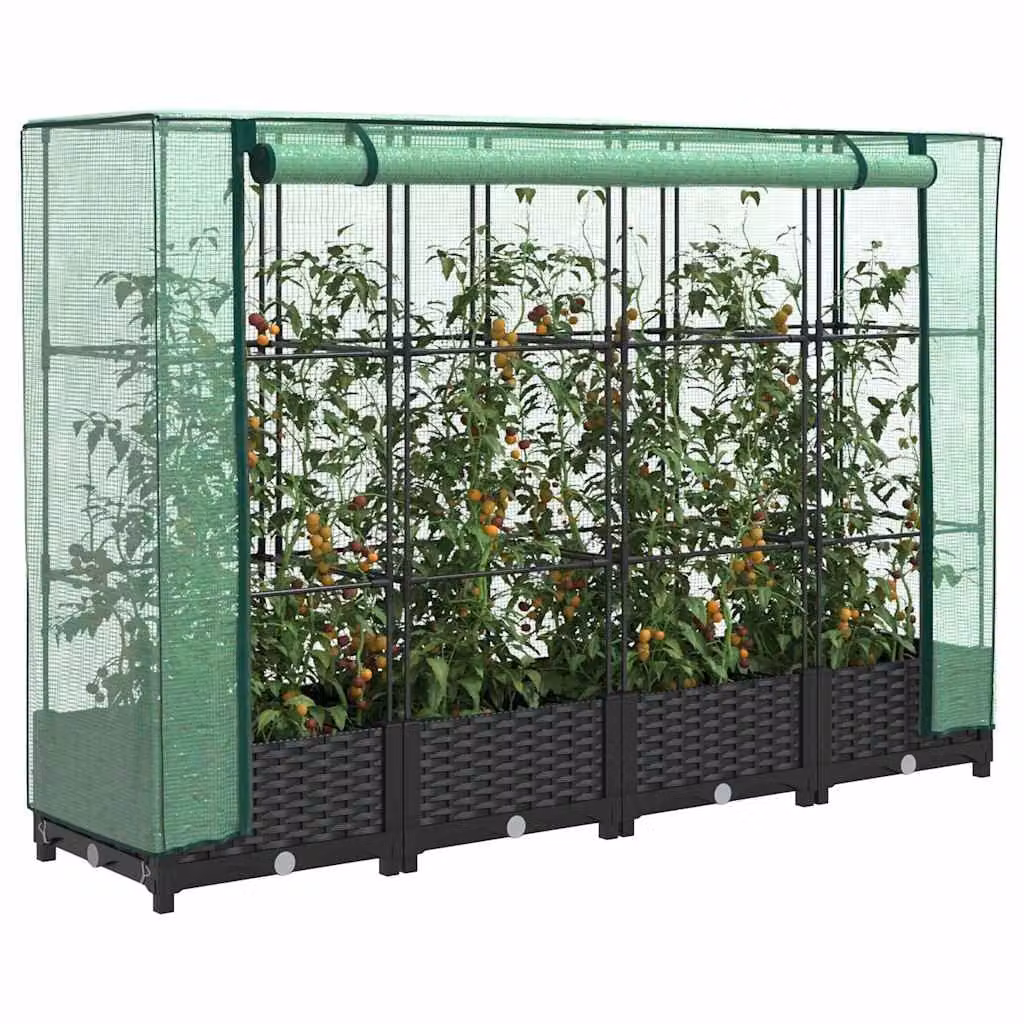 Letto rialzato con copertura per serra effetto rattan vidaXL, nero e verde, L: 160 cm, P: 40 cm, H: 123 cm