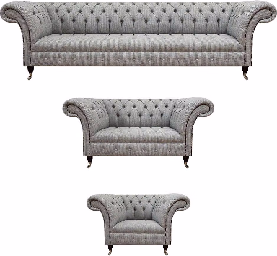 Sofa Set Grau Komplett Chesterfield Wohnzimmer Design Modern Textil
