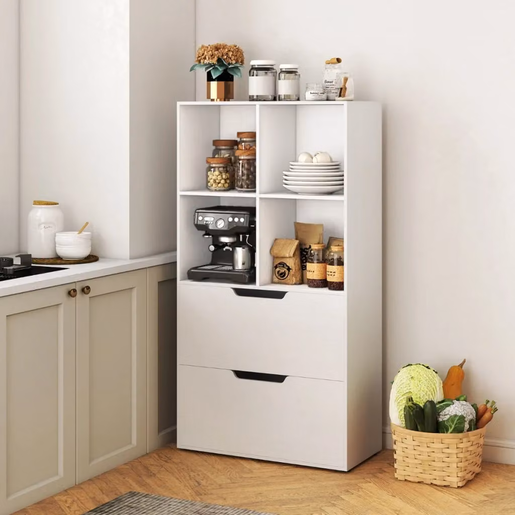 Libreria moderna Design Mania a 4 cubi con 2 cassetti e 5 ripiani, colore bianco, H: 130 cm – 2