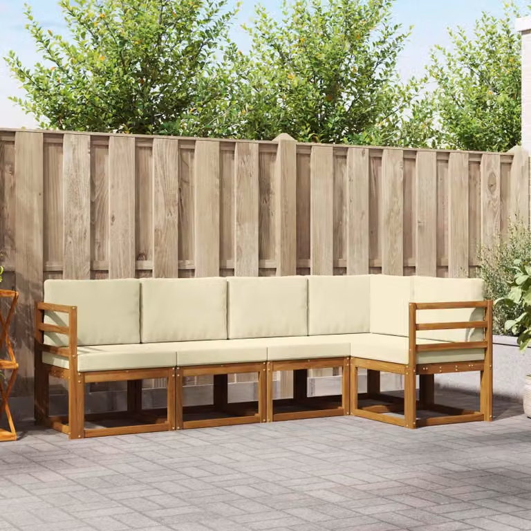 Set di divani da esterno vidaXL a forma di L composto da 5 pezzi in legno di acacia con cuscini inclusi, colori beige, bianco e marrone