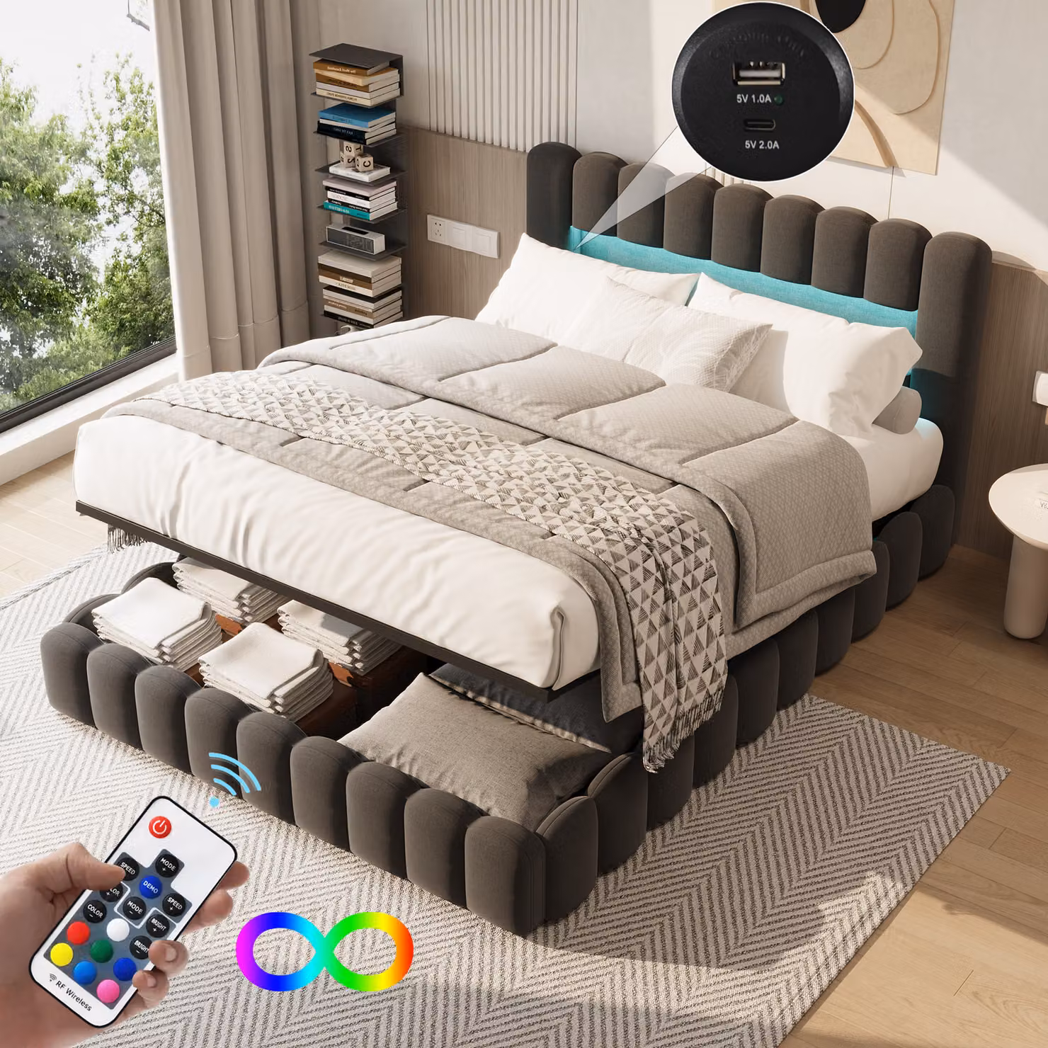 Letto imbottito UnboxG 140x200cm, letto matrimoniale idraulico con vano contenitore e rete a doghe, testata a LED con vano contenitore e funzione di ricarica USB, letto a molle insacchettate letto funzionale letto contenitore, lino, beige