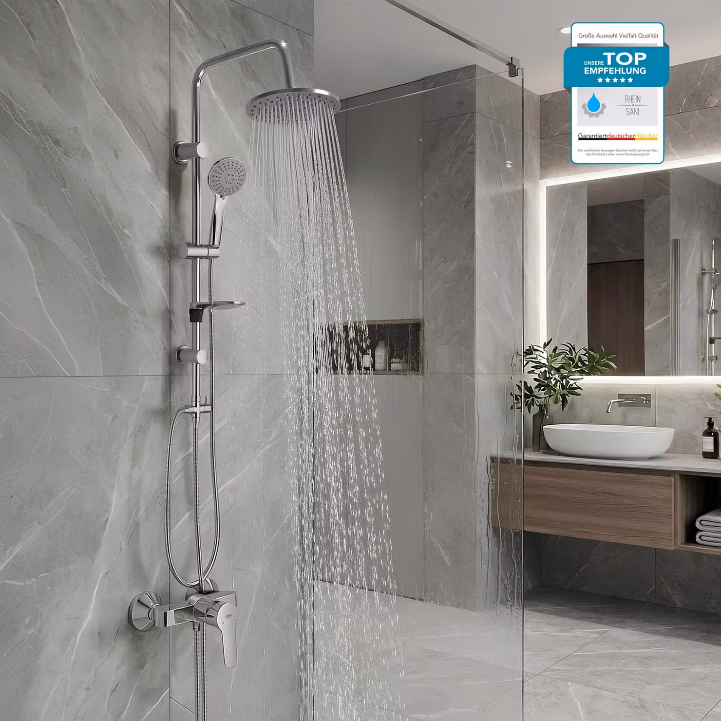 GROHE Miscelatore doccia BauEdge, sistema doccia con miscelatore monocomando e soffione BELVIT, asta doccia e tubo flessibile da 1,5 m, cromato con portasapone, con soffione a pioggia
