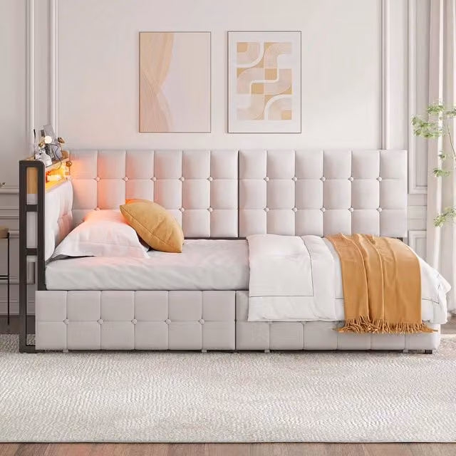 Letto Singolo Imbottito con Cassetti e LED ¨C MINIMAL ¨C Beige 90x200