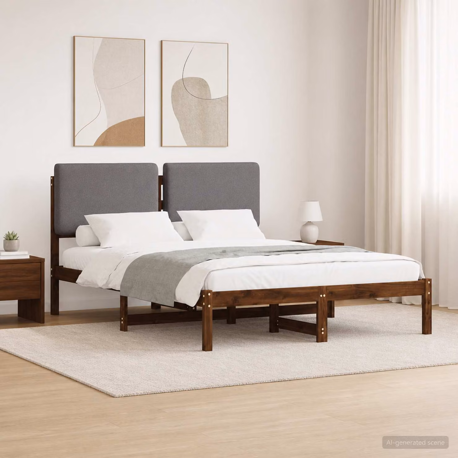 Letto con Testiera Rivestita vidaXL in Legno di Acacia, Marrone Scuro e Grigio Chiaro, L/P/H: 120 x 200 x 85 cm