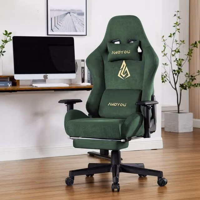 Poltrona da gaming Minimal verde con poggiapiedi regolabile, girevole e poggiatesta – 1