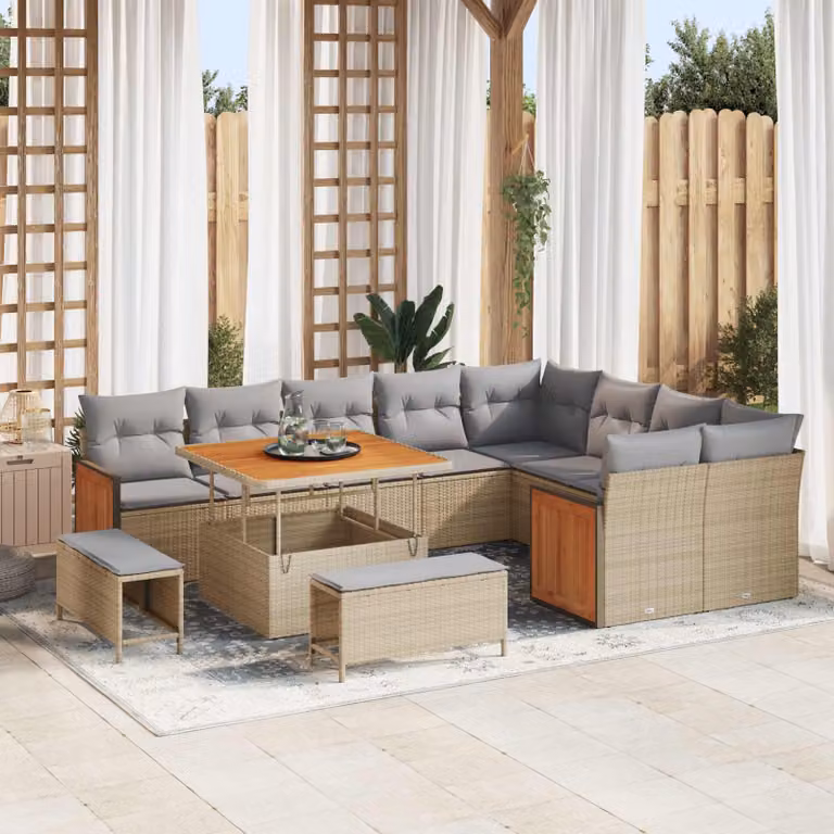 Set Divano da Giardino vidaXL a Forma di L con 12 Posti, Colore Beige e Grigio, con Tavolino e Cuscini