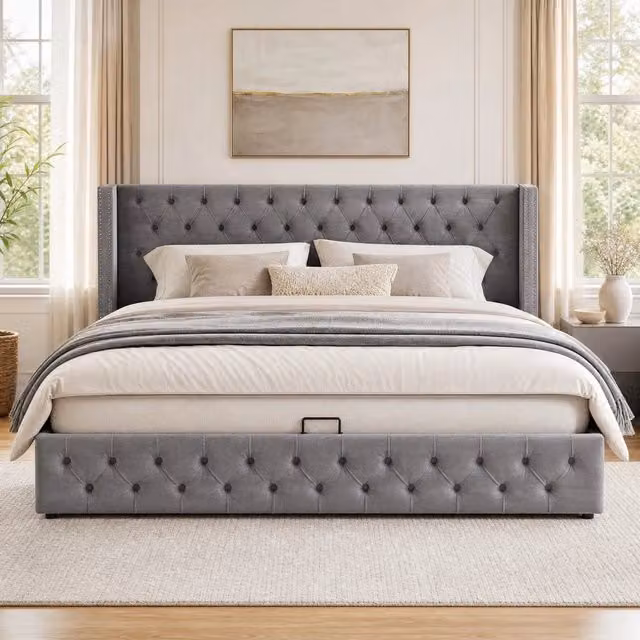Letto matrimoniale contenitore 140 × 190 cm in velluto grigio con testiera capitonné e rete a doghe