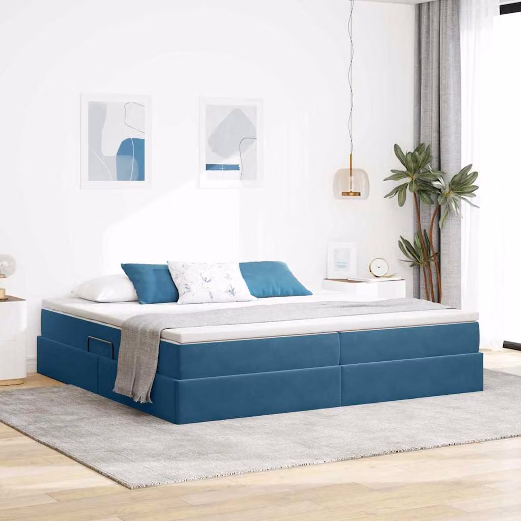 vidaXL Letto con contenitore e materasso ibrido in velluto blu L: 200 cm, P: 200 cm, H: 280 cm – 1