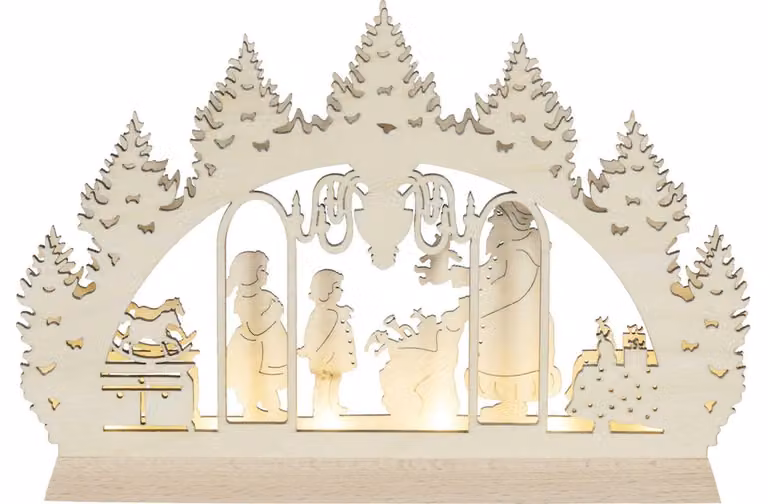 Decorazione natalizia a forma di arco con Babbo Natale che distribuisce i regali, illuminazione LED, colore naturale, dimensioni 23,5x16x3 cm, NUOVO