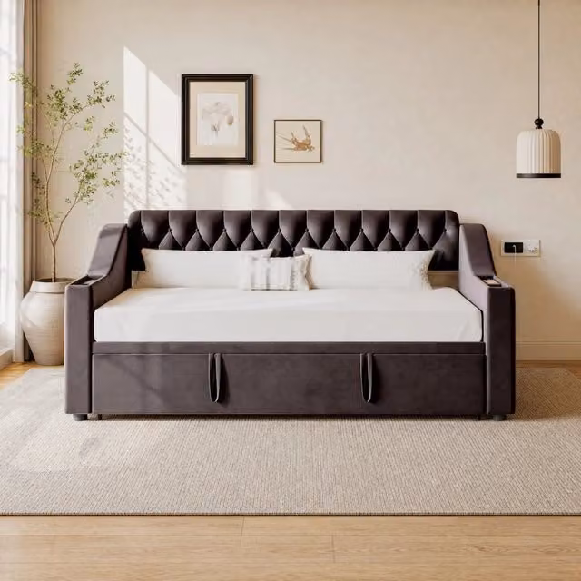 Divano letto estraibile MIVRAY in velluto grigio con funzione letto 180 x 190 cm e ricarica USB – 1