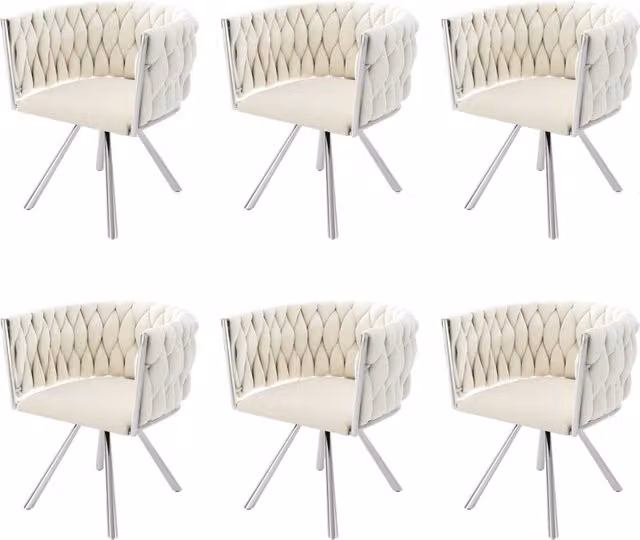 Set 6 sedie da pranzo in velluto beige con struttura in metallo argentato e seduta girevole