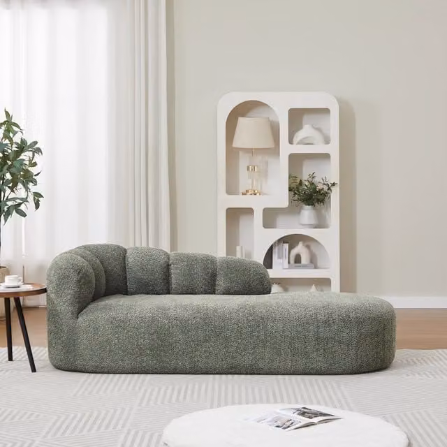 Méridienne curva con schienale ondulato e design senza braccioli per soggiorno e lettura in chenille verde salvia