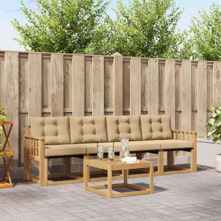 Set di divani da esterno vidaXL 5 pezzi in legno di acacia con tavolino e cuscini, Bianco e Beige
