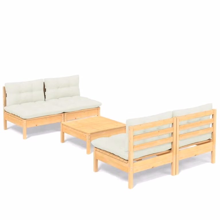 Set Salotto da Giardino 5pz con Cuscini Crema in Legno di Pino