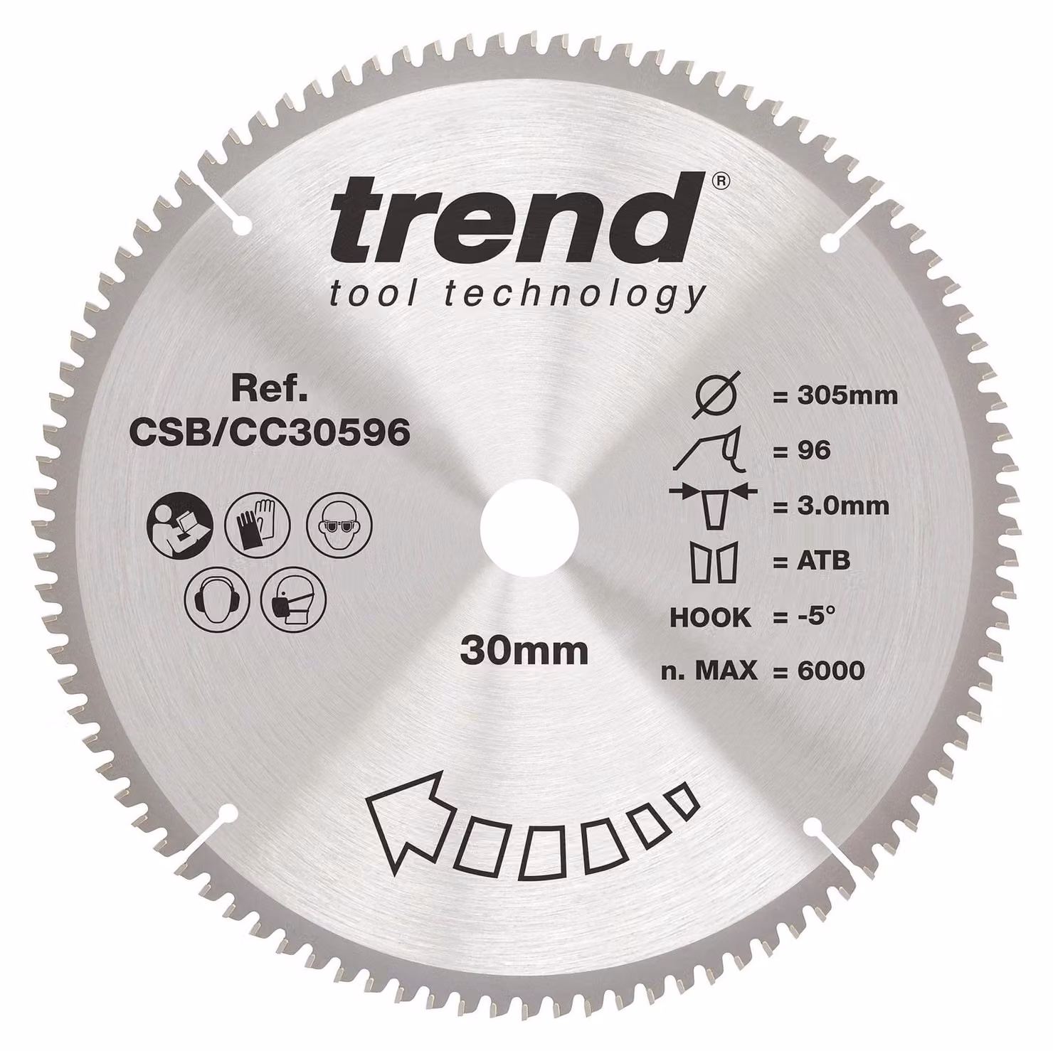 Disco circolare segmentato per tagli trasversali, con geometria a taglio negativo, diametro 305 mm, 96 denti, foro centrale da 30 mm