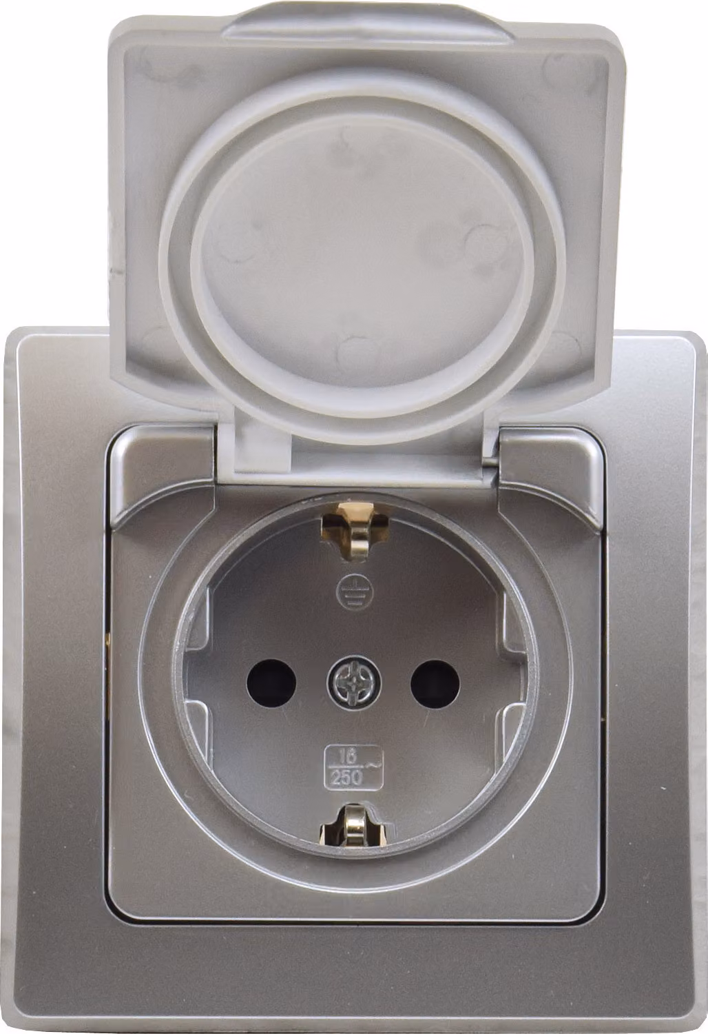 Presa di corrente ChiliTec DELPHI con contatto di terra IP44 250V AC / 16A, con cornice, da incasso, argento