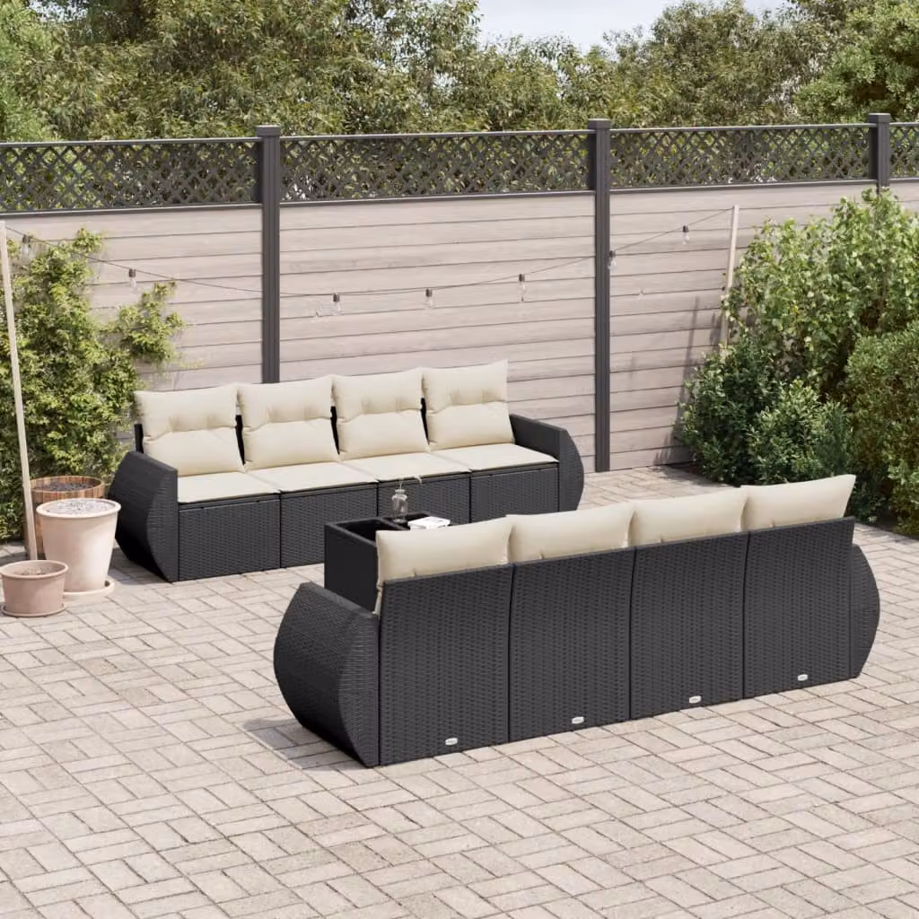 vidaXL Set Divani da Giardino 9 pz in Polyrattan Nero con Cuscini e Tavolino da Caffè – 1