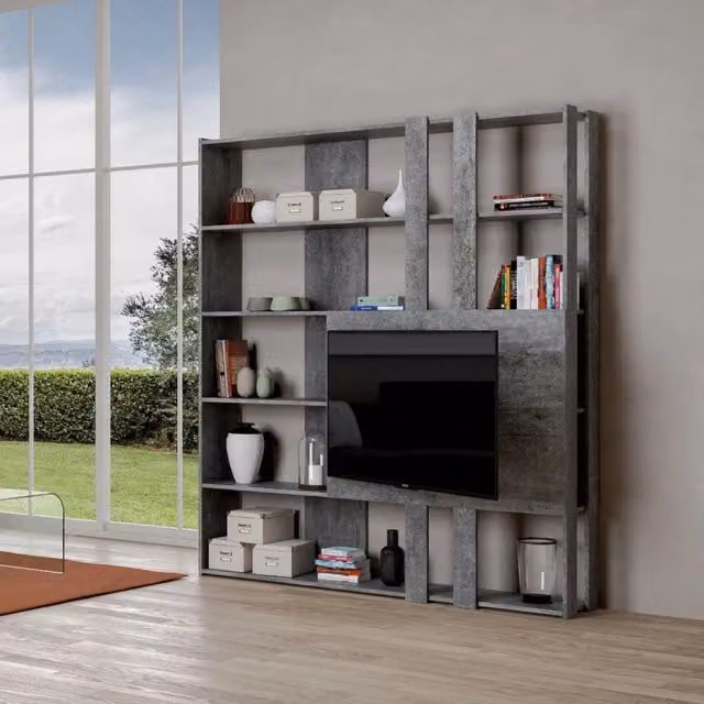 Composizione Libreria Kato 6R 2 fianchi 2 fasce lunghe 2 fasce corte 2 fasce medie pannello TV - Cemento,M