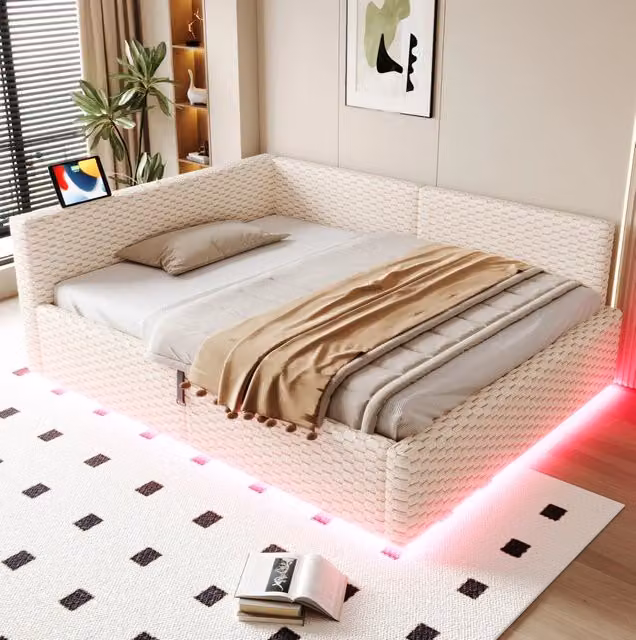 Letto imbottito multifunzione 140x200 cm con LED; 2 USB e Type-C; vano contenitore idraulico; velluto beige