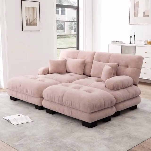 Divano panoramico modulare MIVRAY a forma di U in ciniglia rosa con pouf e cuscini decorativi