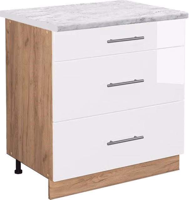 Mobiletto base per cucina Fame-Line Bianco lucido/Rovere dorato 80 cm con 3 cassetti, PL Marmo Vicco