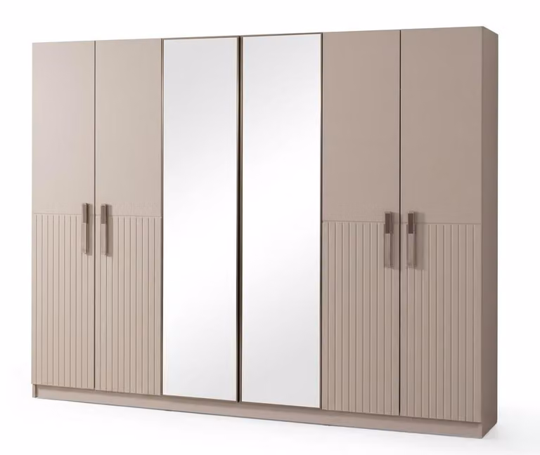 Armadio beige con 6 ante, specchio, grande armadio, mobili per la camera da letto