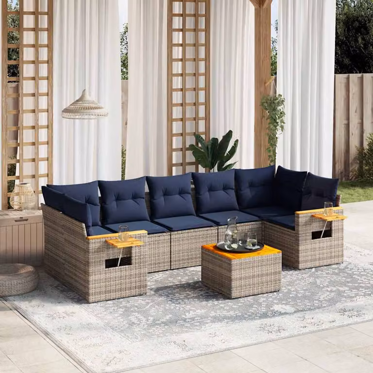 vidaXL Set Divani da Giardino 8 pz in Polyrattan con Cuscini Grigio e Blu e Tavolino da Esterno