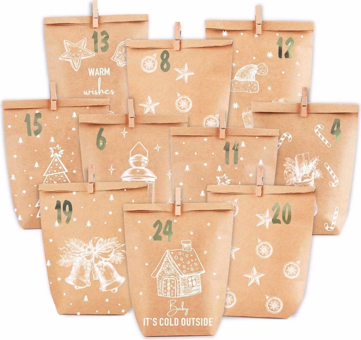 Calendario dell'Avvento da riempire, set di sacchetti di carta per calendario di Natale, marrone/bianco, 24 motivi