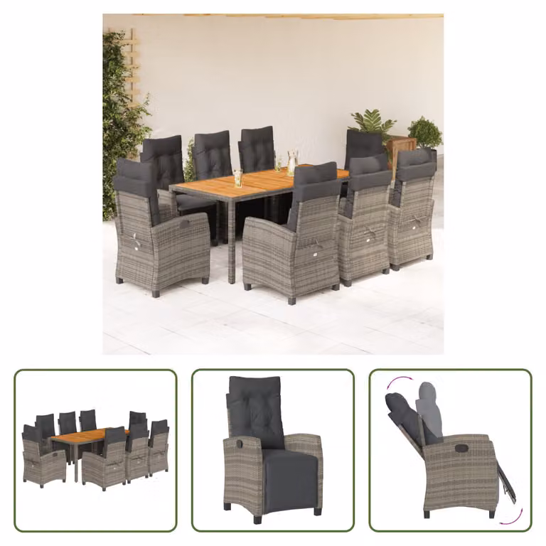 The Living Store Set da pranzo da giardino 9 pezzi con cuscini in poly rattan grigio