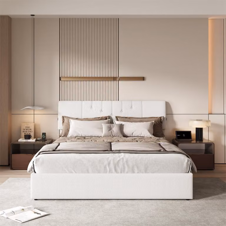 Letto matrimoniale UnboxG 140x200cm bianco, tessuto teddy, letto a pressione a gas con vano contenitore, connessioni USB e Type-C - letto imbottito con funzione di sollevamento