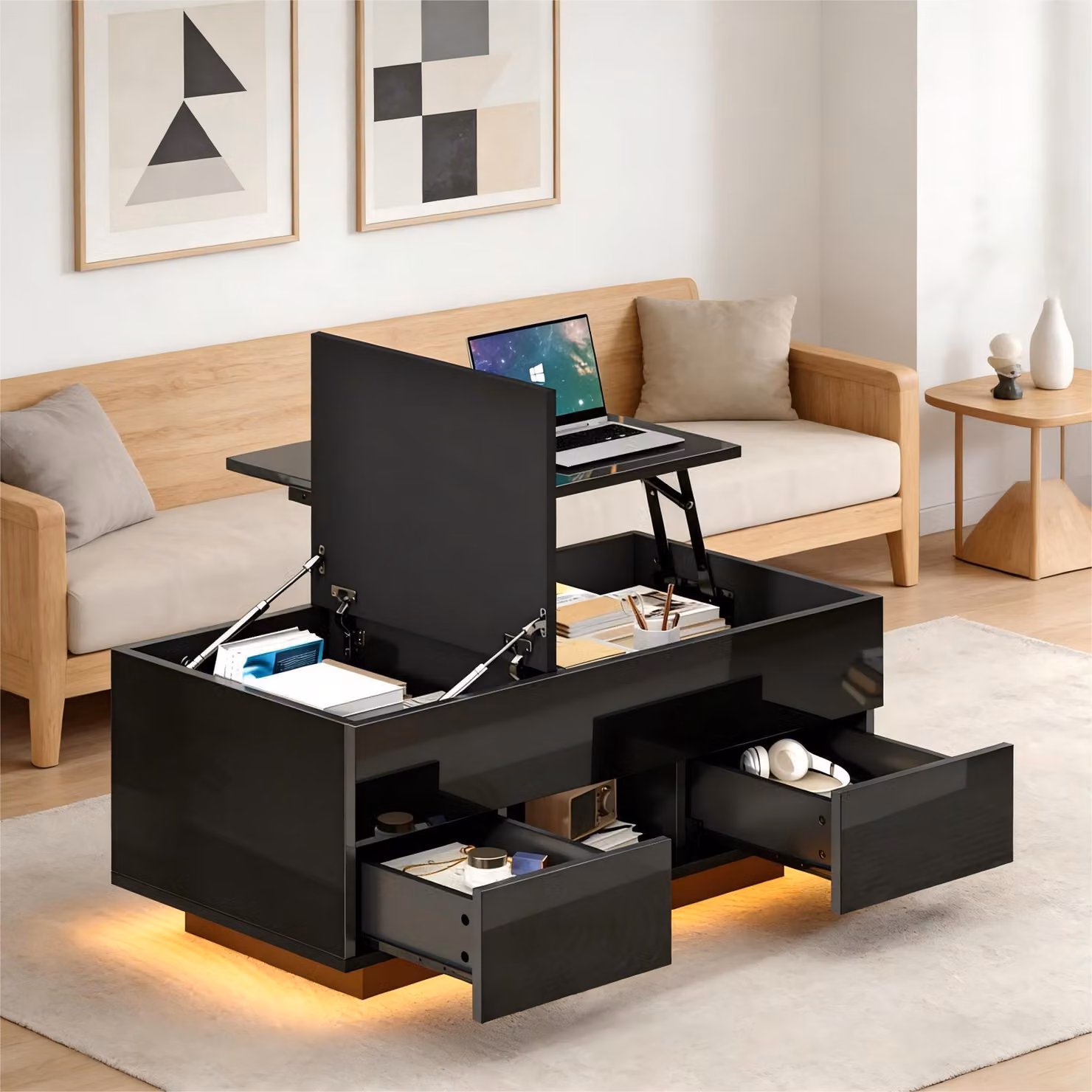 Tavolino Merax lucido con LED, tavolino da salotto regolabile in altezza con 2 cassetti e vano portaoggetti, tavolino da salotto con piano ribaltabile, nero