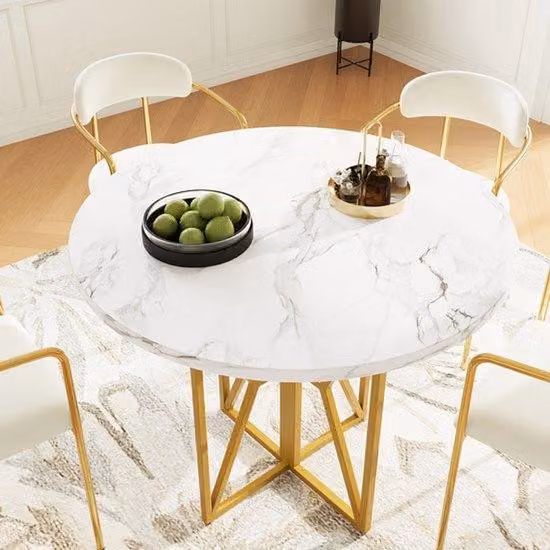 Tavolo da pranzo rotondo – Piano del tavolo rotondo – Piano per sala da pranzo – Piano per tavolo da cucina – Tavolo rotondo – Pannello MDF con effetto marmo – Gambe in metallo dorato – 80x80x76 cm – per 4-6 persone