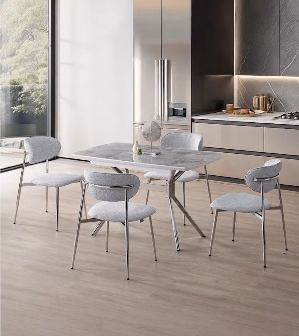 Set da pranzo: tavolo da pranzo con 4 sedie, moderno, grigio, comodo, allungabile