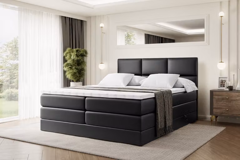 Letto boxspring ALTDECOR con 2 materassi e topper - 120x200 cm - OHIO KING - Pelle finta nera - Letto imbottito con materassi H3 e H4, contenitore e rete a doghe, letto con spazio contenitivo