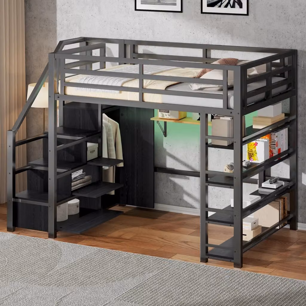 Letto a soppalco REDOM in metallo e MDF nero con illuminazione LED e scala con gradini L/P/H: 255.0 x 140 x 200 cm – 2
