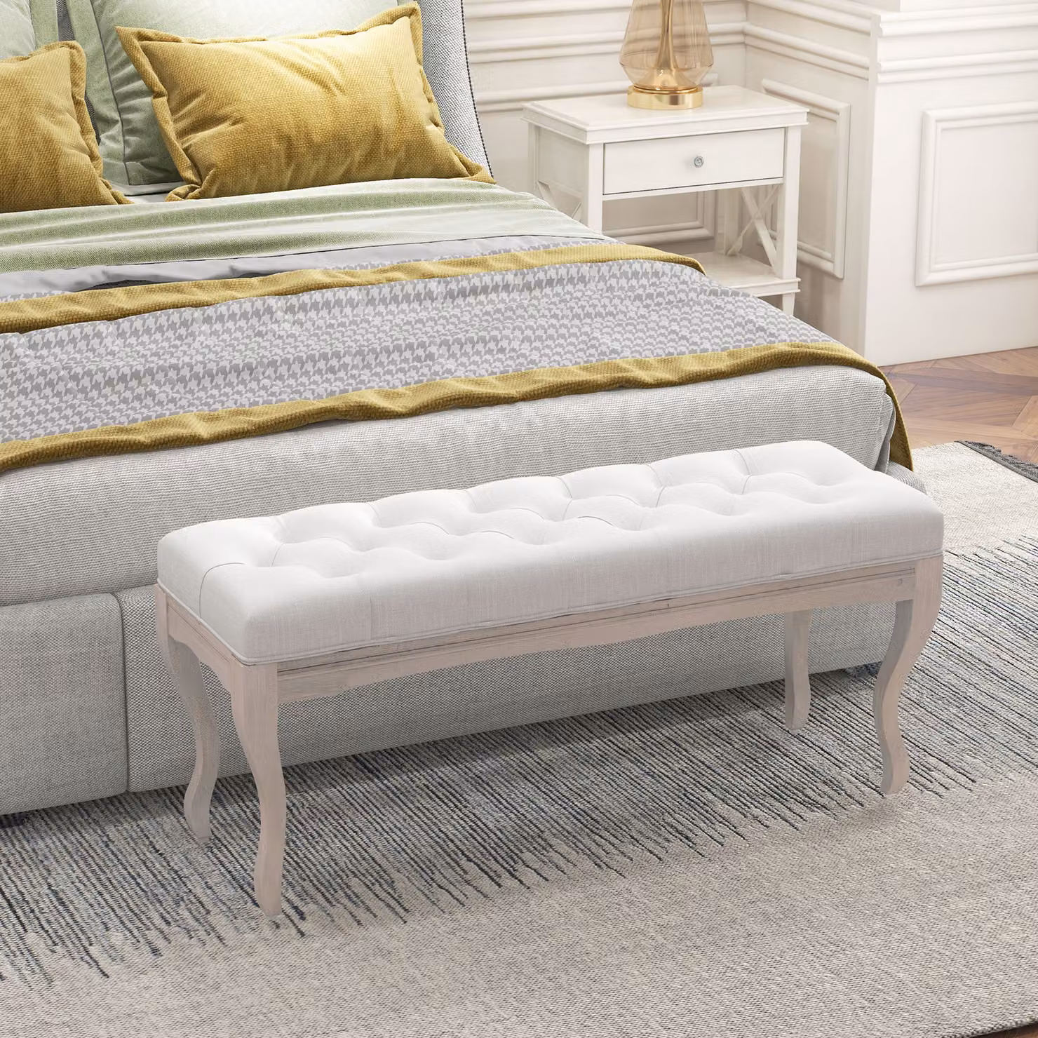 Panca fondo letto HOMCOM in tessuto effetto lino e legno, Bianco Crema, L: 110 cm, P: 37 cm, H: 49 cm – 2