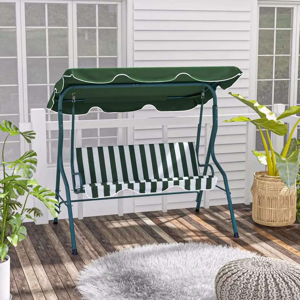 Dondolo da giardino a 3 posti GIORDANOSHOP con tettuccio regolabile in poliestere resistente ai raggi UV e struttura in acciaio, Verde e Bianco, L: 170 cm, P: 110 cm, H: 153 cm – 2