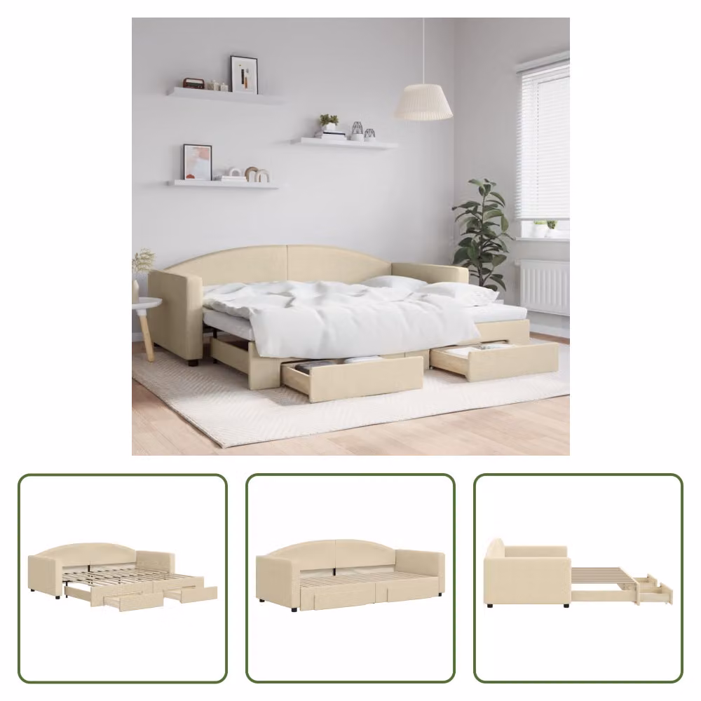 The Living Store letto da giorno allungabile con cassetti crema 90x200 cm in tessuto