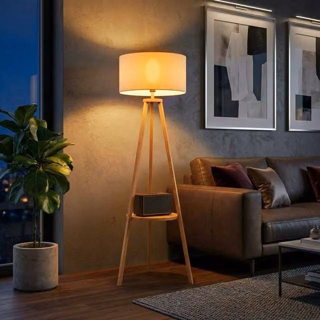 Lampada da terra HOMCOM con ripiano intermedio e paralume in tessuto beige, struttura in legno, L/P/H: 50 x 50 x 154 cm