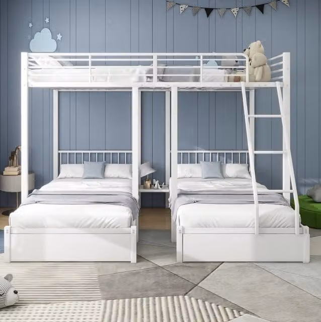 Letto a castello triplo in metallo con 2 cassetti; 140 x 200 cm e 90 x 200 cm; bianco