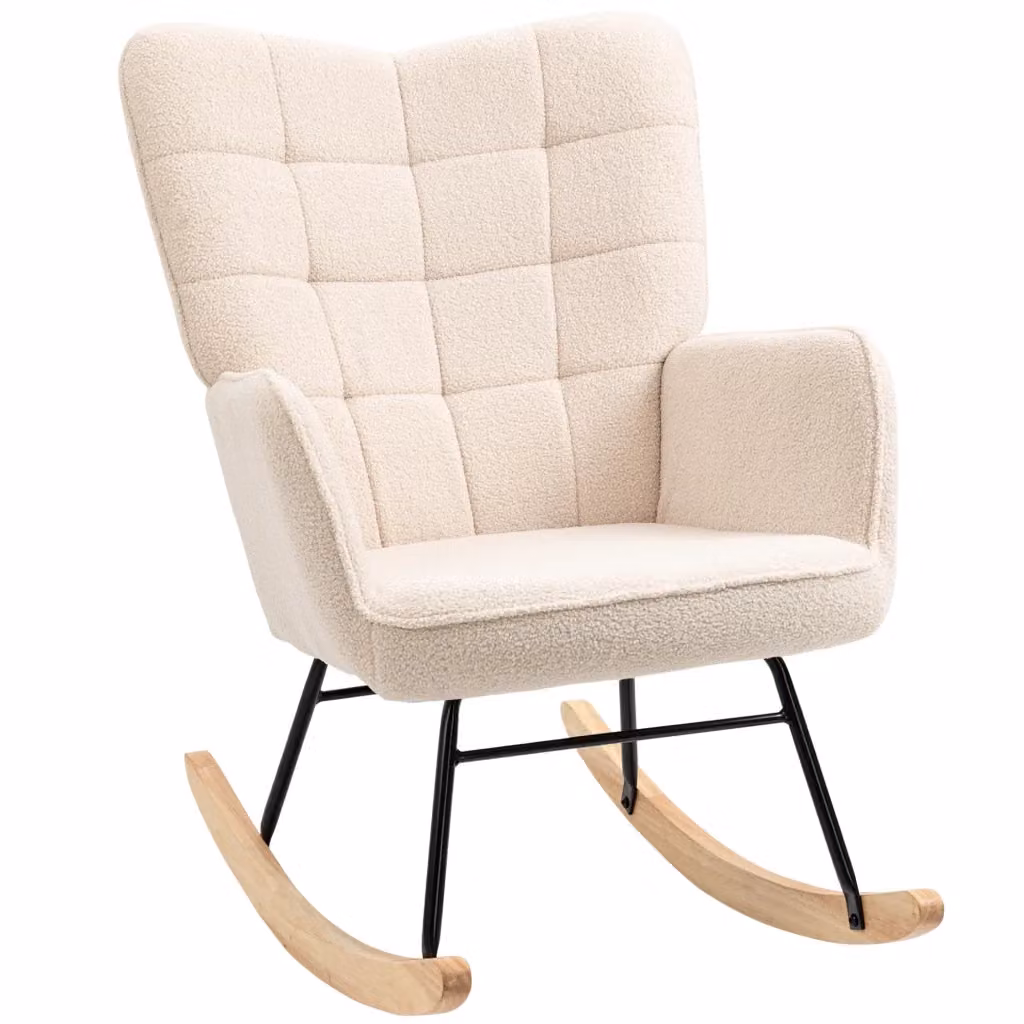 Poltrona a dondolo OKWISH in tessuto beige con schienale trapuntato, seduta imbottita e base in legno di faggio, H: 101 cm, L: 71 cm, P: 98 cm – 2
