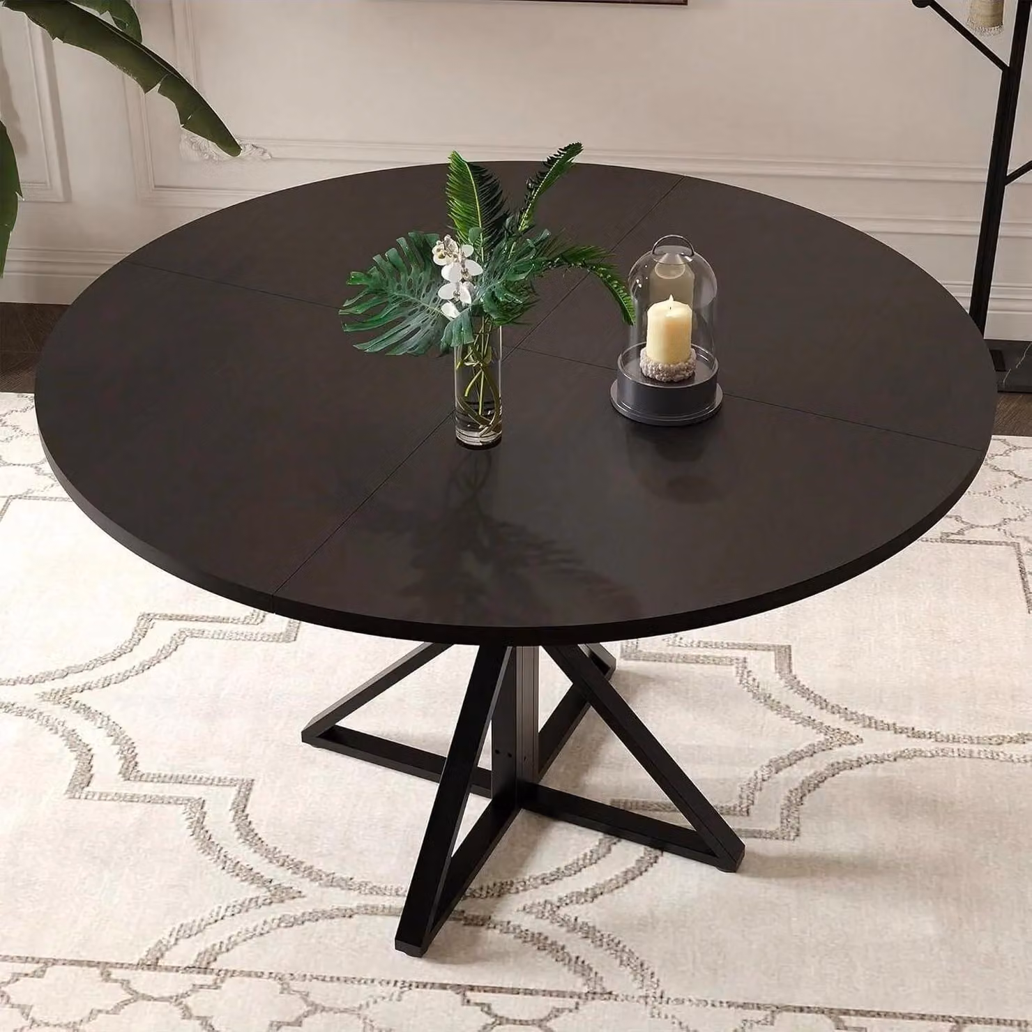 Tavolo da pranzo - Rotondo 120 cm - Piano in legno - Base a colonna in metallo - Per 4 persone - Moderno - Per spazi ridotti - Nero