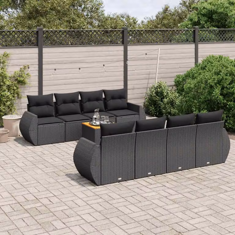 Set di divani da giardino vidaXL in polyrattan nero con cuscini, forma a U, composto da 9 pezzi con tavolino e poltrone lounge