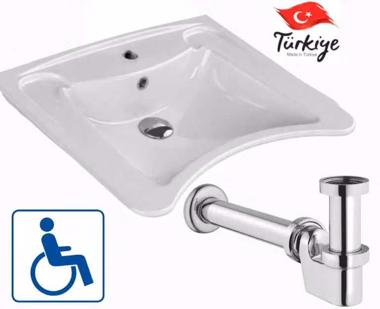 Cera Style | Lavabo per persone con disabilità - 60x50 cm - Bianco - Sifone salvaspazio - Vetroceramica