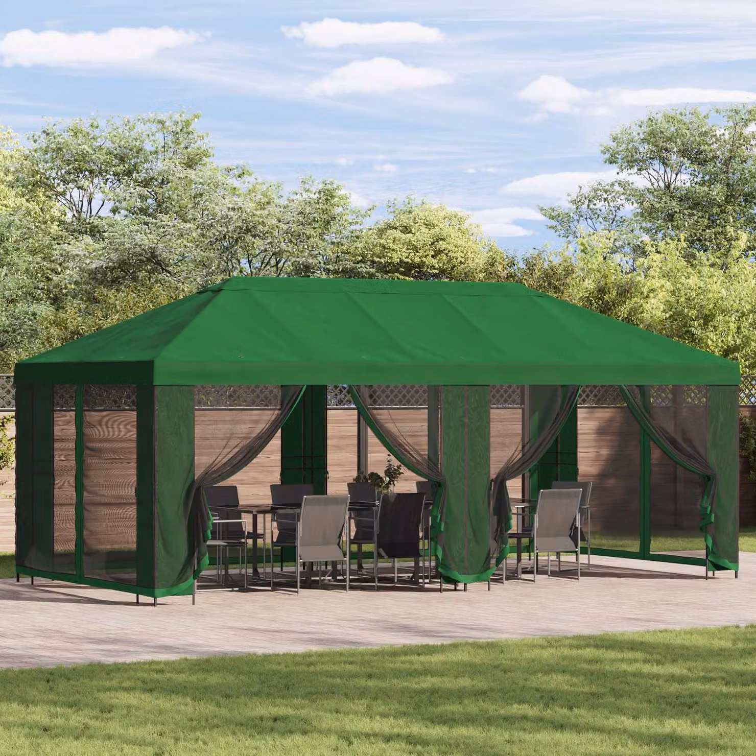 vidaXL Gazebo da giardino con pareti laterali in acciaio e poliestere Verde e Nero L: 600 cm, P: 300 cm, H: 276,5 cm