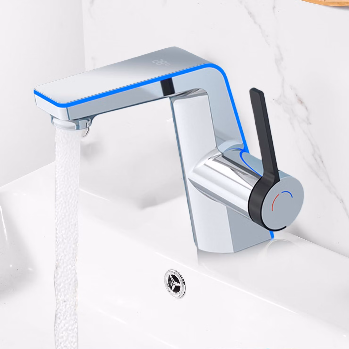 Miscelatore per lavabo con indicatore LED della temperatura, 2 tipi di getto, colore argento