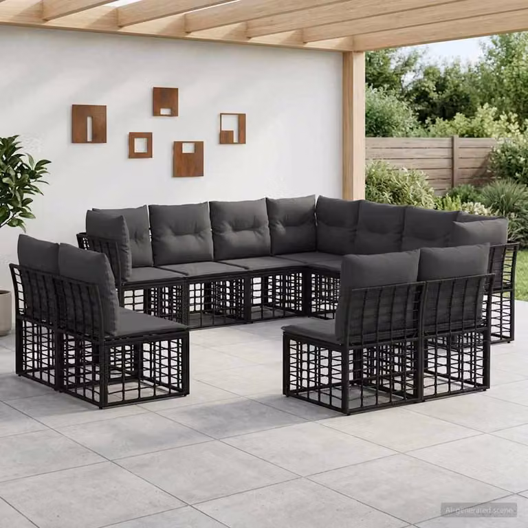 Set di divani da esterno a L vidaXL in polyrattan con cuscini in poliestere nero e grigio