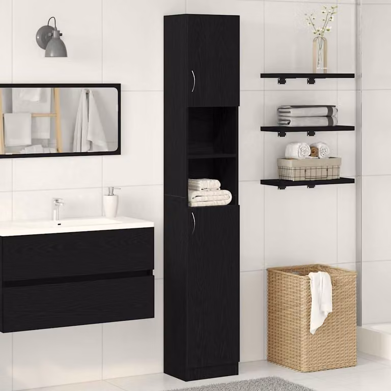 Mobile da bagno vidaXL moderno in legno nero con ante a cerniera e ripiani interni L/P/H: 32 x 25,5 x 190 cm