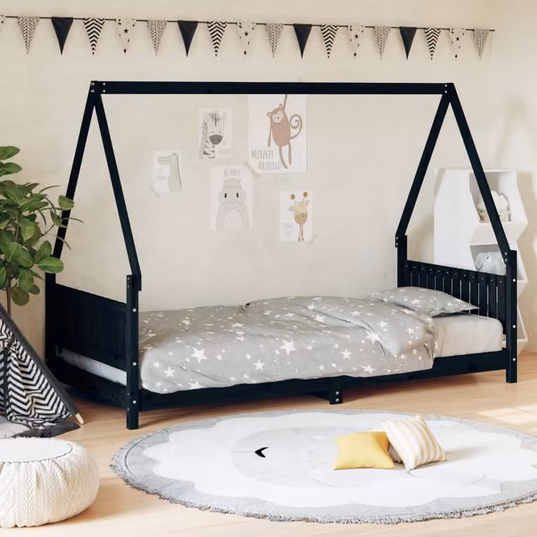 vidaXL Giroletto per Bambini in Legno Massello di Pino Nero L/P/H: 190 x 90 x 146 cm