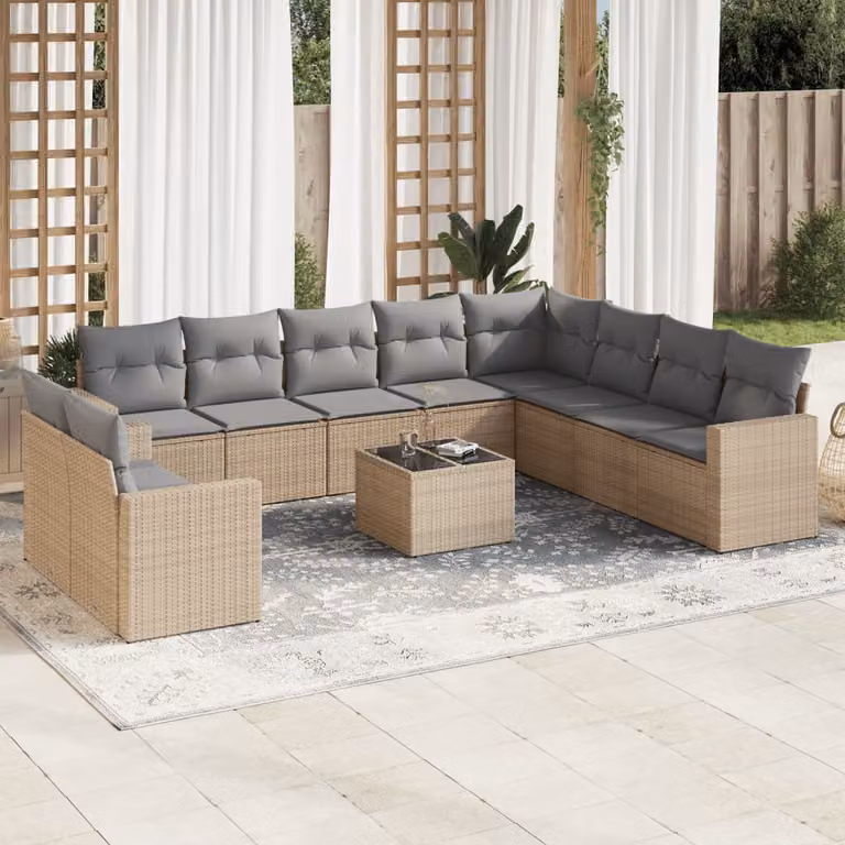 vidaXL Set Divani da Giardino 11 pz a Forma a L con Cuscini Beige e Tavolino in Polyrattan e Acciaio